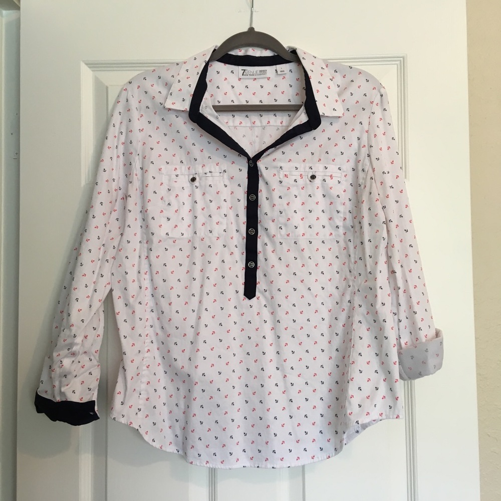 Red & blue anchors on white stretch cotton